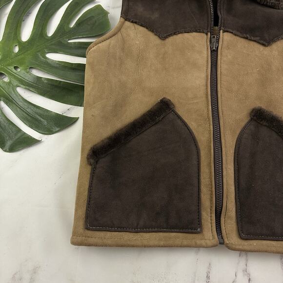 River Mens Vintage 70s Suede Sherpa Lined Vest Size 44 XL Brown Patchwork West - Picture 4 of 10